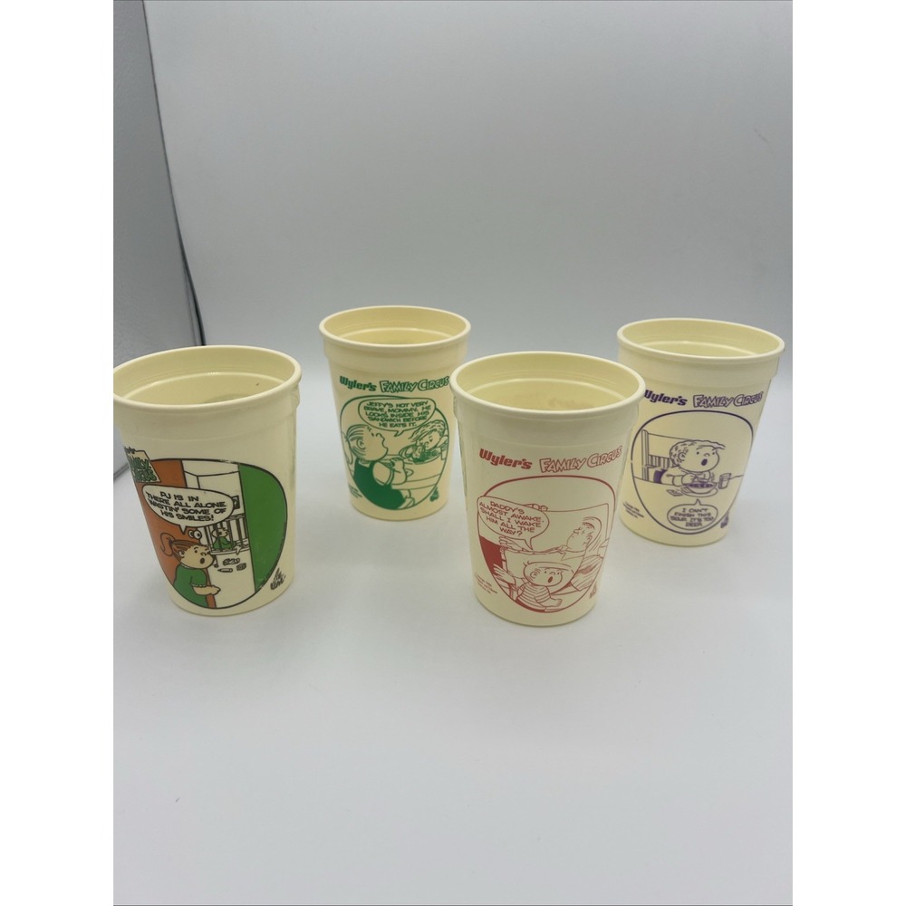 VTG 1984/85 Wyler's Family Circus Plastic Cups Lot of 4 Bil Keane Louisiana 12oz